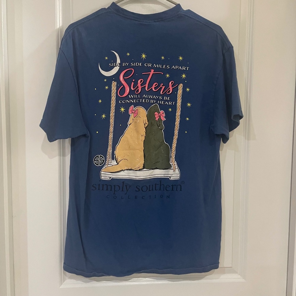 Simply Southern "Sisters" Dogs Graphic T Shirt Top Blue Womens Large